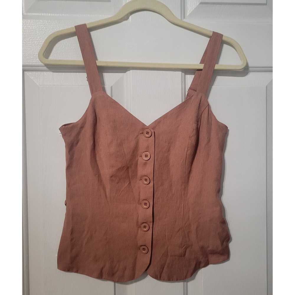 GLG Good Luck Gem Linen Blend Button Front Tank Top Terracotta Tie Back Boho XS